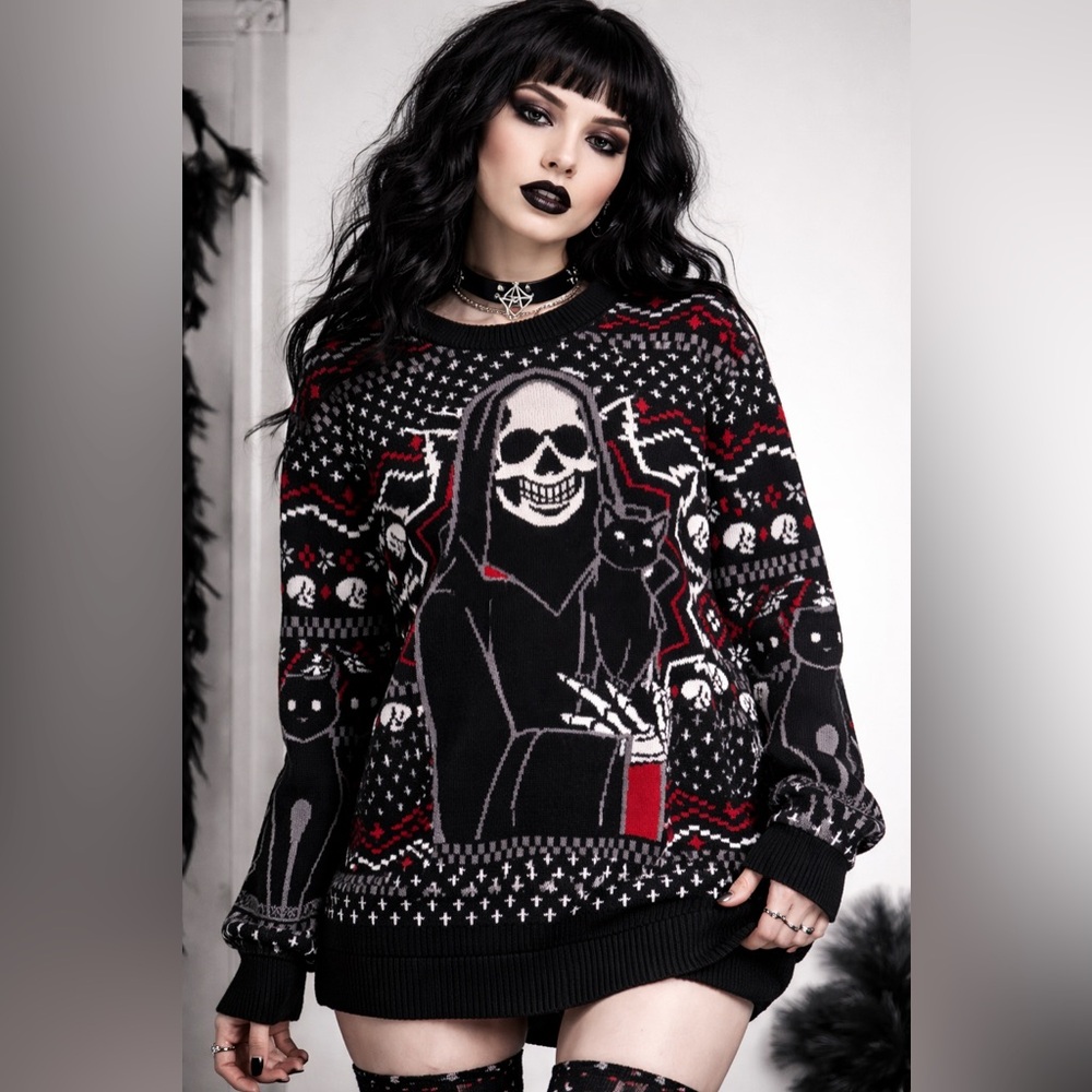 Killstar Gothic Skull & Black Cat Ugly Christmas Sweater XL Goth Holiday Knit - Picture 3 of 8